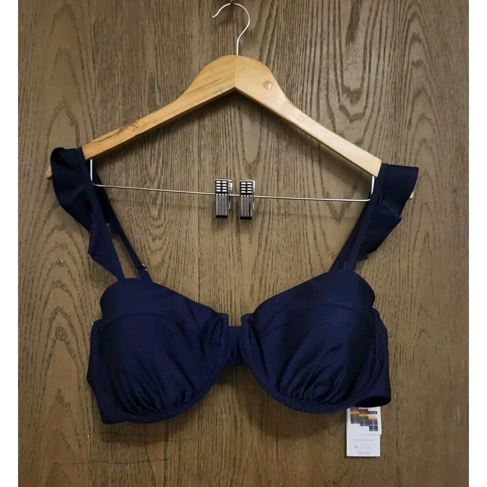 Time & Tru Women's Navy Blue Ruffle Underwire Bikini Swim Top Size XL (16-18)